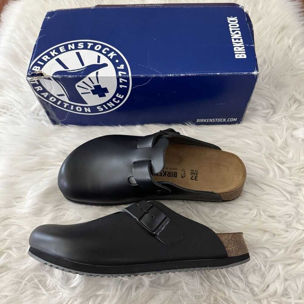 Black leather Birkenstock Boston clog super grip